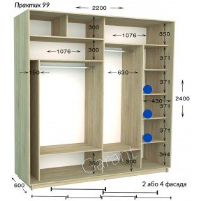 Шафа-купе Практик 99/4 2200*450(600)*2200(2400)