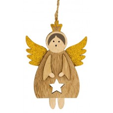Декоративна підвіска 11 см, Ангел у короні, золоті крила, дерев'яна, House of Seasons