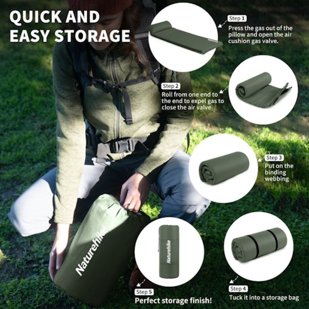 Килимок самонадувний з подушкою Naturehike CNK2450WS020 10 см темно-зелений